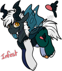 Size: 1481x1712 | Tagged: safe, artist:sexygoatgod, oc, oc only, oc:infest, hybrid, pony, adoptable, changeling hybrid, draconequus hybrid, holes in wings, interspecies offspring, male, offspring, parent:discord, parent:queen chrysalis, parents:discolis, simple background, solo, transparent background