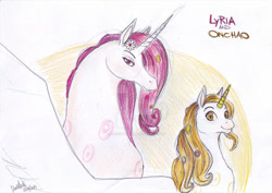 Size: 600x425 | Tagged: safe, artist:darkaudi1728, alicorn, pony, g4, deviantart watermark, duo, horn, lyria, mia and me, obtrusive watermark, onchao, traditional art, watermark, wings