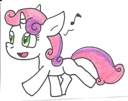 Size: 579x457 | Tagged: safe, artist:cmara, sweetie belle, pony, unicorn, g4, music notes, simple background, traditional art, white background
