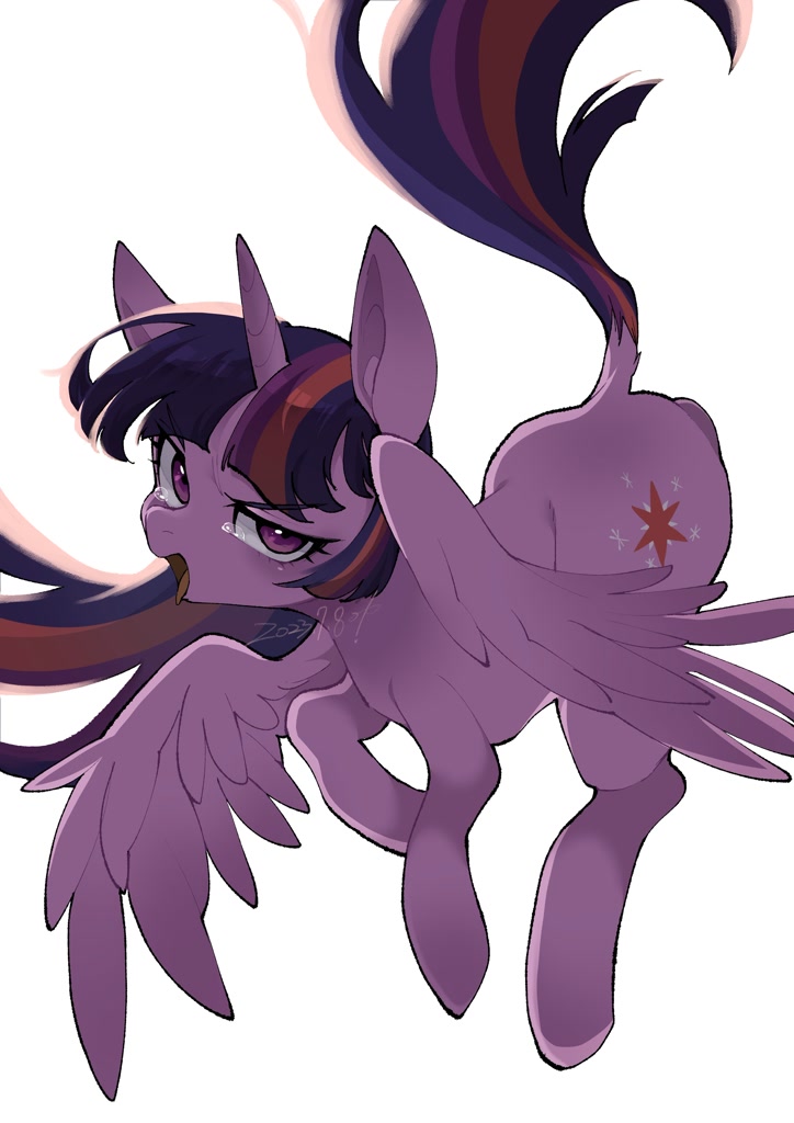 [alicorn,flying,open mouth,pony,safe,simple background,solo,twilight sparkle,white background,wings,tongue out,spread wings,teary eyes,twilight sparkle (alicorn),artist:potetecyu_to]