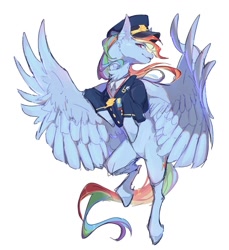 Size: 937x1024 | Tagged: safe, artist:cream_dragon, rainbow dash, pegasus, pony, g4, badge, clothes, flying, hat, jewelry, necklace, simple background, smiling, smirk, solo, spread wings, uniform, white background, wings