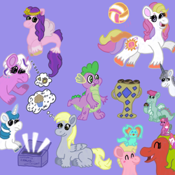 Size: 3000x3000 | Tagged: safe, artist:mintwhistle, cutesaurus, derpy hooves, majesty, pipp petals, princess silver swirl, spike, sunny daze (g3), twilight, zip-zip, oc, oc:carnation, breezie, dinosaur, dragon, earth pony, pegasus, pony, seapony (g4), unicorn, g1, g2, g3, g4, g5, ambiguous gender, atg 2023, baby, baby dragon, ball, blush sticker, blushing, box, breezie oc, coat markings, colored hooves, colt, concerned, cookie, crumbs, danger, daydream, derp, diadem, dragon wings, eating, elfilin, excited, exclamation point, eyelashes, eyes closed, fangs, feathered fetlocks, female, fire, foal, folded wings, food, friendship, frown, g1 to g5, g2 to g5, g3 to g5, g4 to g5, g5 oc, gem, generation leap, glowing, glowing horn, happy, headband, high res, horn, i just don't know what went wrong, implied discord, implied twilight sparkle, insect wings, jewelry, jumping, kirby, kirby (series), light, looking at someone, looking at something, looking back, lying down, majesty is not amused, male, mare, medibang paint, motion lines, muffin, newbie artist training grounds, one eye closed, oops my bad, open mouth, open smile, playing, ponified, pony friends, ponyloaf, prone, purple background, question mark, regalia, scrambled, seaponified, seapony pipp petals, simple background, sitting, smiling, socks (coat markings), species swap, spikelove, sports, standing, standing on two hooves, sweat, sweatdrops, this will end in death, this will end in tears, this will end in tears and/or death, this will not end well, thought bubble, trophy, unamused, unshorn fetlocks, victory, volleyball, wall of tags, wings, wink, worried
