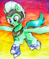 Size: 1354x1607 | Tagged: safe, artist:liaaqila, thunder flap, pegasus, pony, g5, 2021, armor, clothes, commission, cute, flying, male, open mouth, open smile, pegasus royal guard, royal guard, shoes, smiling, sneakers, solo, spread wings, stallion, thundorable, traditional art, wings