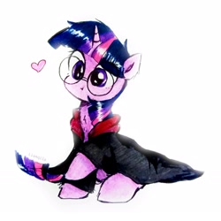 Size: 2680x2679 | Tagged: safe, artist:liaaqila, twilight sparkle, pony, unicorn, g4, adorkable, chest fluff, clothes, commission, cosplay, costume, cute, dork, female, floating heart, glasses, harry potter, harry potter (series), heart, high res, mare, meganekko, nerd, raised hoof, round glasses, silly, silly pony, simple background, sitting, solo, traditional art, twiabetes, unicorn twilight, white background