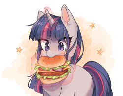 Size: 2407x1887 | Tagged: safe, artist:ponchik_art, twilight sparkle, pony, unicorn, g4, blushing, burger, cheek fluff, chest fluff, cute, ear fluff, female, food, high res, hungry, levitation, magic, mare, meat, nom, ponies eating meat, simple background, solo, sparkles, telekinesis, that pony sure does love burgers, twiabetes, twilight burgkle, unicorn twilight, white background