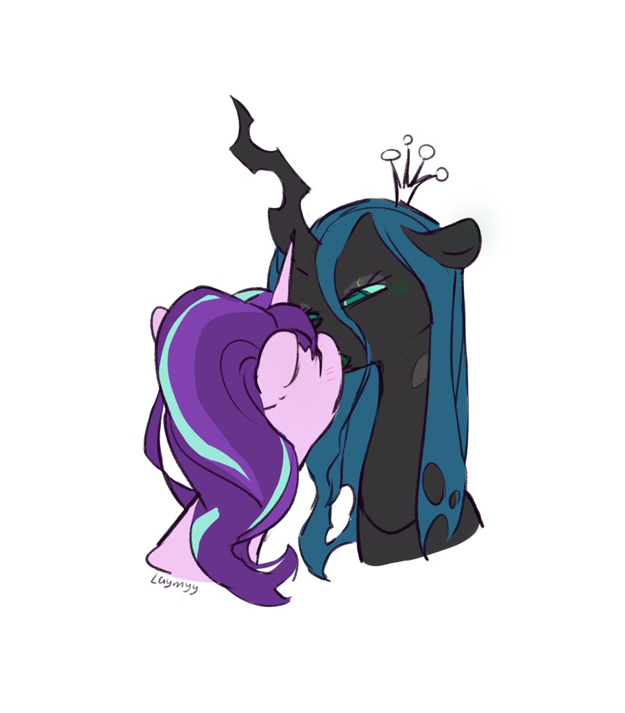 [blushing,bust,changeling,changeling queen,female,foe yay,kissing,lesbian,pony,queen chrysalis,safe,shipping,simple background,solo,unicorn,white background,starlight glimmer,glimmerlis,artist:laymy]