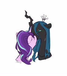 Size: 2292x2616 | Tagged: safe, artist:laymy, queen chrysalis, starlight glimmer, changeling, changeling queen, pony, unicorn, g4, blushing, bust, female, foe yay, glimmerlis, high res, kissing, lesbian, shipping, simple background, white background