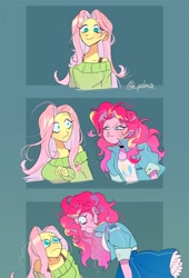 Size: 1280x1882 | Tagged: safe, artist:pelma, fluttershy, pinkie pie, human, equestria girls, g4, bare shoulders, bra, bra strap, choker, clothes, cute, duo, duo female, female, frown, off shoulder, off shoulder sweater, shyabetes, simple background, smiling, stare, sweater, sweatershy, teary eyes, underwear
