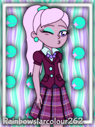 Size: 1536x2048 | Tagged: safe, artist:rainbowstarcolour262, derpibooru exclusive, oc, oc only, oc:zina pearl, human, series:equ wallpapers, equestria girls, g4, abstract background, clothes, crystal prep academy uniform, crystal prep shadowbolts, cutie mark background, ear piercing, earring, eyeshadow, female, jewelry, kissy face, looking at you, makeup, necklace, one eye closed, pearl necklace, piercing, plaid skirt, pleated skirt, ponytail, purple eyes, school uniform, shirt, signature, skirt, solo, wink, winking at you