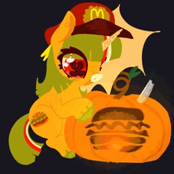 Size: 2048x2048 | Tagged: source needed, safe, artist:ombnom, oc, oc only, oc:burger mare, pony, unicorn, blue background, burger, food, hat, high res, mcdonald's, open mouth, simple background, solo