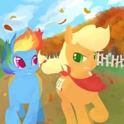 Size: 2048x2048 | Tagged: source needed, safe, artist:ombnom, applejack, rainbow dash, earth pony, pegasus, pony, fall weather friends, g4, angry, bound wings, duo, fence, high res, leaves, running, running of the leaves, scene interpretation, scenery, smiling, tree, wings