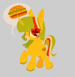 Size: 1597x1654 | Tagged: source needed, safe, artist:ombnom, oc, oc only, oc:burger mare, pony, unicorn, burger, food, gray background, simple background, smiling, solo, unshorn fetlocks