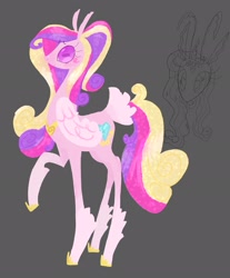 Size: 1697x2048 | Tagged: source needed, safe, artist:ombnom, princess cadance, alicorn, pony, g4, female, gray background, heart, heart eyes, long legs, mare, side view, simple background, smiling, solo, stylized, thin legs, wingding eyes