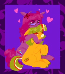 Size: 1798x2048 | Tagged: source needed, safe, artist:ombnom, oc, oc:burger mare, pony, unicorn, duo, freckles, glasses, heart, hug, sitting