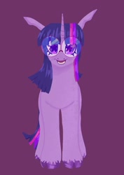 Size: 1454x2048 | Tagged: source needed, safe, artist:ombnom, twilight sparkle, pony, unicorn, g4, glasses, looking at you, purple background, simple background, smiling, solo, starry eyes, unicorn twilight, unshorn fetlocks, wingding eyes