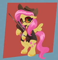 Size: 1933x1995 | Tagged: source needed, safe, artist:ombnom, pegasus, pony, clothes, coat, flying, glasses, gun, hat, sniper, sniper (tf2), snipershy, solo, standing on two hooves, team fortress 2, unshorn fetlocks, weapon