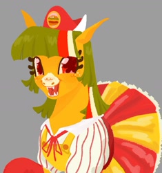 Size: 1190x1265 | Tagged: source needed, safe, artist:ombnom, oc, oc only, oc:burger mare, pony, unicorn, clothes, freckles, gray background, looking at you, sharp teeth, simple background, skirt, smiling, solo, teeth