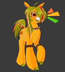 Size: 1842x2048 | Tagged: source needed, safe, artist:ombnom, oc, oc only, oc:burger mare, earth pony, pony, choker, ear piercing, gray background, open mouth, piercing, simple background, smiling, solo, spiked choker