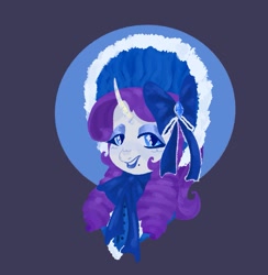 Size: 1311x1341 | Tagged: source needed, safe, artist:ombnom, rarity, pony, unicorn, g4, bow, bust, hair bow, purple background, simple background, smiling, solo