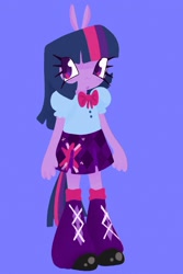 Size: 1370x2047 | Tagged: safe, anonymous artist, artist:ombnom, twilight sparkle, anthro, g4, blue background, bow, clothes, legs, simple background, skirt, solo