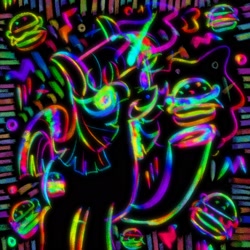 Size: 2048x2048 | Tagged: source needed, safe, artist:ombnom, oc, oc:burger mare, pony, unicorn, abstract, abstract art, burger, food, high res, looking at you, modern art, smiling, solo