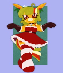 Size: 1771x2048 | Tagged: source needed, safe, artist:ombnom, oc, oc only, oc:burger mare, earth pony, anthro, bell, bell collar, clothes, collar, dress, female, freckles, mare, socks, solo, striped socks