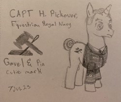 Size: 2633x2217 | Tagged: safe, artist:ohshitanelite, derpibooru exclusive, pony, unicorn, captain, clothes, cutie mark, dress uniform, gavel, high res, hyman g rickover, male, military uniform, navy, officer, pencil drawing, rickover, sailor, sewing needle, stallion, traditional art, uniform