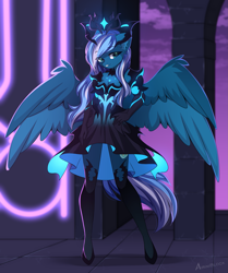 Size: 1939x2316 | Tagged: safe, artist:airiniblock, oc, oc:vivid tone, pegasus, anthro, rcf community, anthro oc, clothes, dress, gloves, pegasus oc, socks, wings