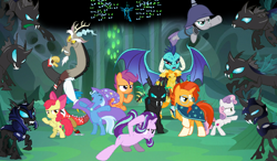 Size: 926x540 | Tagged: safe, apple bloom, discord, maud pie, princess ember, queen chrysalis, scootaloo, starlight glimmer, sunburst, sweetie belle, thorax, trixie, changedling, changeling, draconequus, dragon, earth pony, pegasus, pony, unicorn, g4, season 6, to where and back again, alternate scenario, armored dragon, awesome, changeling kingdom, cutie mark crusaders, female, filly, foal, king thorax, male, reformed four, what if