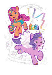Size: 700x1000 | Tagged: safe, pipp petals, sunny starscout, earth pony, pegasus, pony, g5, official, crystal, design, mane stripe sunny, music notes, shirt design, simple background, song reference, transparent background