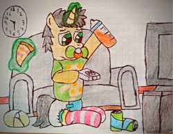 Size: 1851x1429 | Tagged: safe, artist:bitter sweetness, oc, oc only, oc:bitter sweetness, pony, unicorn, abdl, baby bottle, clock, clothes, diaper, diaper fetish, fetish, food, graph paper, green eyes, hooves, levitation, living room, magic, non-baby in diaper, pacifier, pizza, remote, socks, soda, striped socks, telekinesis, television, traditional art