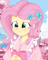 Size: 1196x1496 | Tagged: safe, artist:fluttershy_art.nurul, fluttershy, human, equestria girls, equestria girls series, g4, blue sky, blushing, cherry blossoms, clothes, costume, cute, flower, flower blossom, japan, japanese, kimono (clothing), pink hair, ribbon, signature, smiling, solo