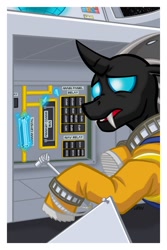 Size: 720x1080 | Tagged: safe, artist:texasuberalles, oc, oc only, oc:dragonfly (the maretian), changeling, fanfic:changeling space program, changeling oc, crystal, fanfic art, female, ratchet, solo, spacesuit