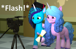 Size: 1668x1080 | Tagged: safe, artist:red4567, izzy moonbow, misty brightdawn, pony, unicorn, g5, 3d, atg 2023, camera, camera flashes, coat markings, diploma, duo, female, graduation cap, hat, mare, newbie artist training grounds, smiling, socks (coat markings), source filmmaker, unshorn fetlocks, when she smiles