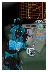 Size: 720x1080 | Tagged: safe, artist:texasuberalles, queen chrysalis, changeling, changeling queen, fanfic:changeling space program, g4, book, coffee mug, fanfic art, female, headset, misspelling, mug, reading, solo