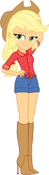 Size: 417x1497 | Tagged: safe, artist:gibsterboy5, applejack, human, equestria girls, g4, boots, clothes, cowboy hat, denim, denim shorts, female, hat, high heel boots, high heels, legs together, looking at someone, photoshop, shirt, shoes, shorts, simple background, solo, standing, transparent background