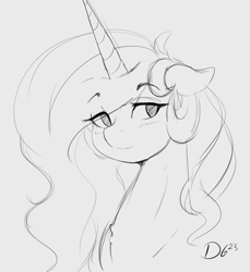 Size: 1913x2085 | Tagged: safe, artist:thelunarmoon, princess celestia, alicorn, pony, g4, bust, eye clipping through hair, eyebrows, eyebrows visible through hair, female, gray background, grayscale, lidded eyes, looking offscreen, mare, monochrome, simple background, sketch, smiling, solo, sternocleidomastoid
