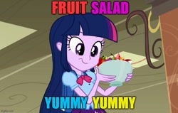 Size: 787x499 | Tagged: safe, edit, edited screencap, screencap, twilight sparkle, human, equestria girls, g4, my little pony equestria girls, backpack, bowl, caption, female, food, fruit salad, meme, salad, solo, song, song in the comments, text, the wiggles