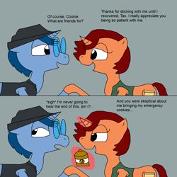 Size: 2000x2000 | Tagged: safe, artist:blazewing, oc, oc only, oc:syntax, oc:tough cookie, pony, unicorn, 2 panel comic, atg 2023, clothes, comic, cookie, cookie jar, drawpile, duo, eyeroll, fedora, female, food, friends, frown, glasses, glowing, glowing horn, gray background, hat, high res, holding hooves, horn, jacket, levitation, magic, magic aura, male, mare, newbie artist training grounds, simple background, smiling, stallion, talking, telekinesis, text, vest