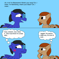 Size: 2000x2000 | Tagged: safe, artist:blazewing, oc, oc only, oc:blazewing, oc:pecan sandy, pegasus, pony, 2 panel comic, atg 2023, blue background, blushing, comic, drawpile, duo, female, frown, high res, looking away, male, mare, nervous, newbie artist training grounds, shy, simple background, smiling, stallion, talking, text, thought bubble, wavy mouth