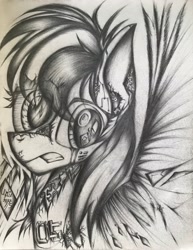 Size: 2514x3251 | Tagged: safe, artist:lydia, pegasus, pony, robot, robot pony, broken, high res, pencil drawing, sketch, splash, spread wings, traditional art, wings