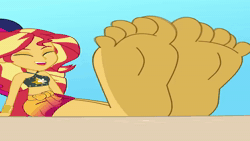 Size: 1280x720 | Tagged: safe, artist:a giant woman, artist:wubcakeva, sunset shimmer, human, equestria girls, g4, animated, clothes, duo focus, eyes closed, feet, female, fetish, foot fetish, foot focus, giggling, larger female, size difference, soles, sound, swimsuit, voice acting, webm, wiggling toes, wrong aspect ratio