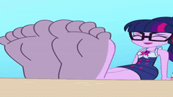 Size: 1280x720 | Tagged: safe, artist:a giant woman, artist:wubcakeva, sci-twi, twilight sparkle, human, equestria girls, g4, animated, clothes, duo focus, eyes closed, feet, female, fetish, foot fetish, foot focus, giggling, larger female, size difference, sound, voice acting, webm, wrong aspect ratio