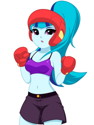 Size: 1132x1506 | Tagged: dead source, safe, artist:rosemile mulberry, sonata dusk, human, equestria girls, g4, belly button, boxing, boxing gloves, breasts, busty sonata dusk, cleavage, clothes, female, headgear, midriff, open mouth, ponytail, shorts, simple background, solo, sports, sports bra, updated design, white background