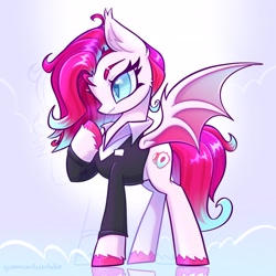 Size: 2048x2048 | Tagged: safe, artist:qwennondeathdie, oc, oc only, oc:litchi, bat pony, pony, bat pony oc, bat wings, clothes, female, high res, mare, raised hoof, signature, solo, spread wings, suit, wings