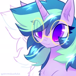 Size: 2048x2048 | Tagged: safe, artist:qwennondeathdie, oc, oc only, oc:lucid dream, pony, unicorn, chest fluff, eye clipping through hair, female, glasses, high res, horn, mare, signature, solo, unicorn oc