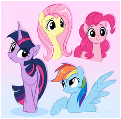 Size: 2093x2050 | Tagged: safe, artist:syrupyyy, fluttershy, pinkie pie, rainbow dash, twilight sparkle, earth pony, pegasus, pony, unicorn, g4, border, bust, cute, dashabetes, diapinkes, eye clipping through hair, eyelashes, female, frown, gradient background, high res, horn, mare, missing cutie mark, no iris, raised hoof, shyabetes, smiling, spread wings, standing, syrupyyy is trying to murder us, twiabetes, unicorn twilight, wings