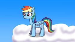 Size: 1920x1080 | Tagged: safe, artist:platinumdrop, rainbow dash, pegasus, pony, g4, cloud, on a cloud, sky, solo, standing, standing on a cloud