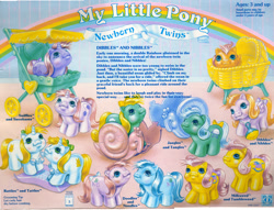 Size: 1277x976 | Tagged: safe, photographer:breyer600, dibbles, doodles (g1), jangles (g1), milkweed, nibbles, noodles (g1), rattles, sniffles, snookums, tangles, tattles, tumbleweed (g1), earth pony, pegasus, pony, unicorn, g1, official, baby, baby pony, backcard, blushing, female, food, newborn, newborn twins, text, toy, twins