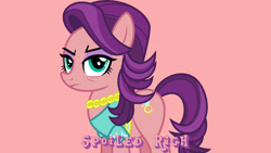 Size: 1920x1080 | Tagged: safe, artist:jeatz-axl, edit, editor:jaredking779, spoiled rich, earth pony, pony, g4, clothes, female, frown, jewelry, mare, necklace, pink background, simple background, solo